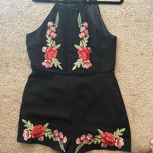 Sky Black Romper with Red Floral Embroidery